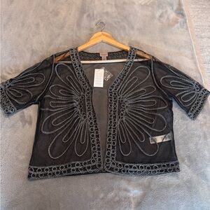 Chicos Black Evening Shawl Sheer Embellished Jacket Size 2 (L)